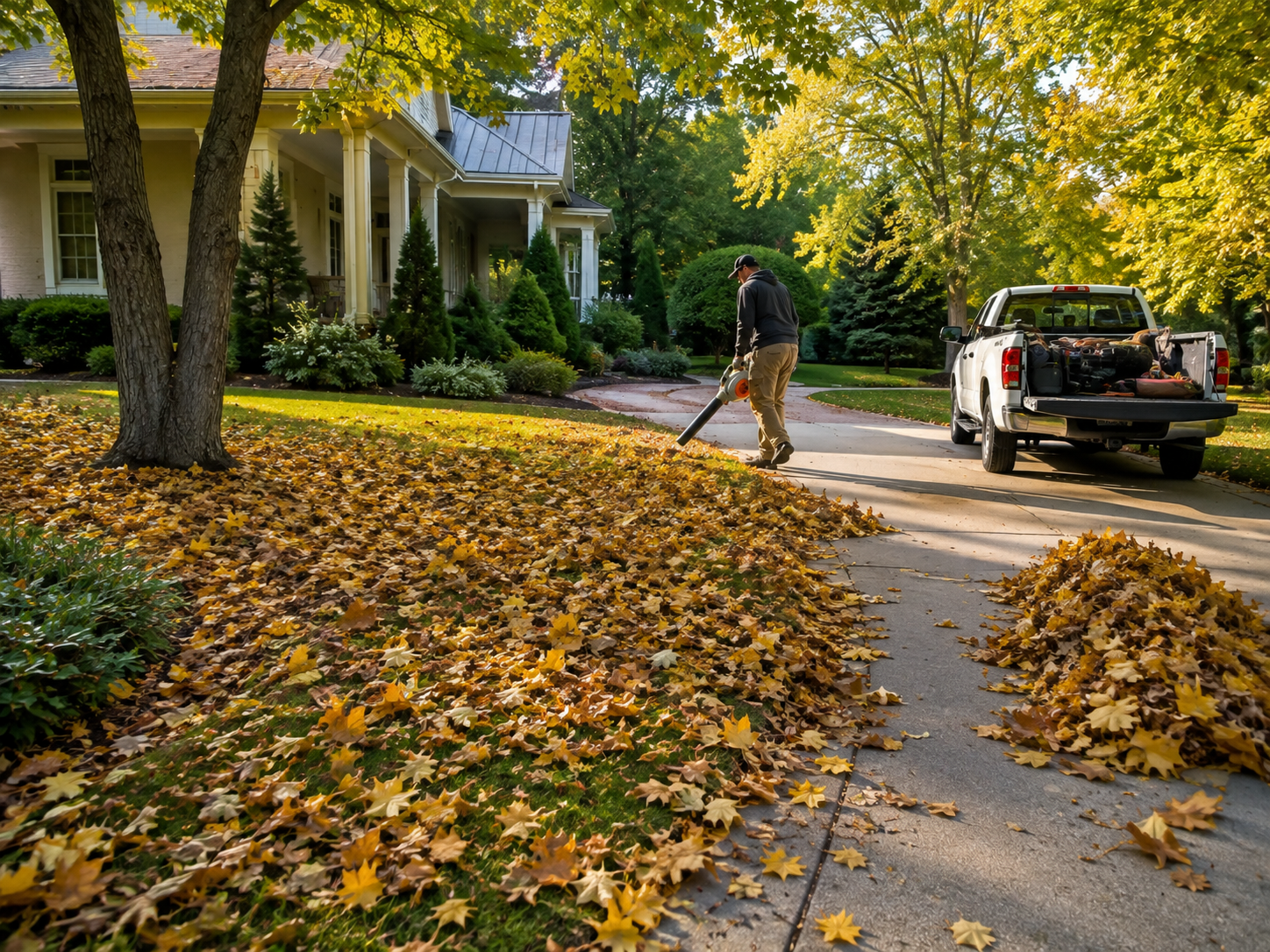 Leaf cleanup around a residential yard